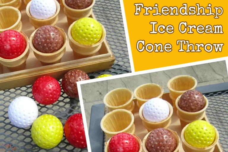 Friendship Ice Cream Cone Throw — pinnable preview showing nine paper ice cream cones in a wooden tray with twelve plastic golf balls arranged as ice cream scoops below.