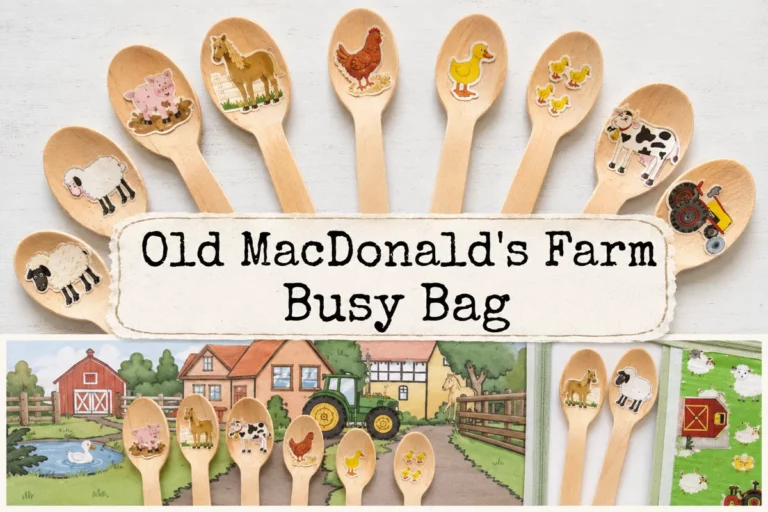Old MacDonald's Farm Busy Bag featured image. A fan of seven wooden spoons stands with the round ends up, each with a different farm animal sticker (sheep, pig, horse, chicken, duck, ducklings, cow) and a tractor on the rightmost spoon. A title card reading 'Old MacDonald's Farm Busy Bag' overlays the center. A second panel below shows the same spoons standing in a small green pouch in front of a printed farmyard backdrop with a red barn and tractor.