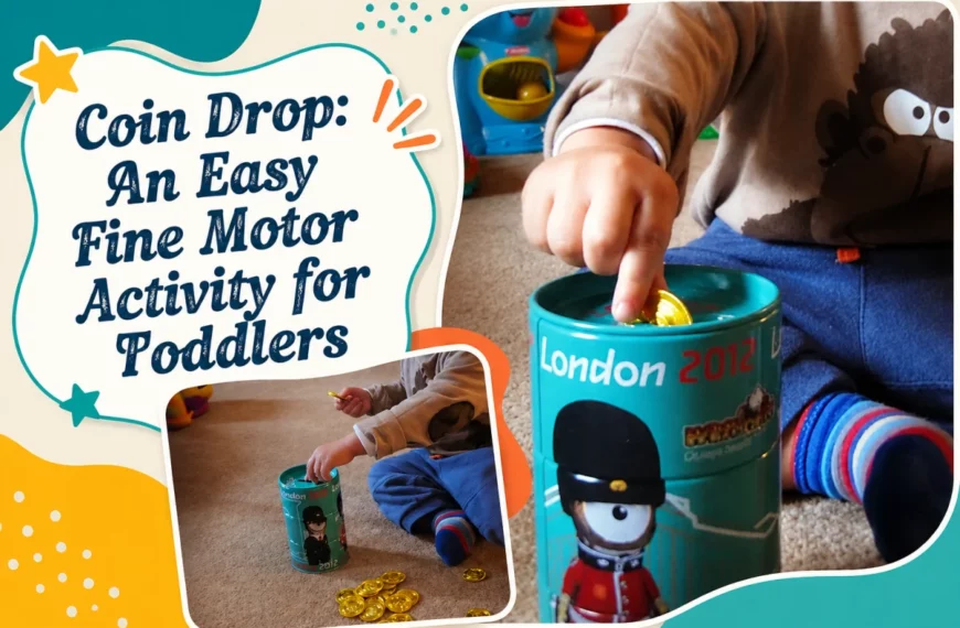 A toddler posting toy coins into a metal tin for a fine motor activity.