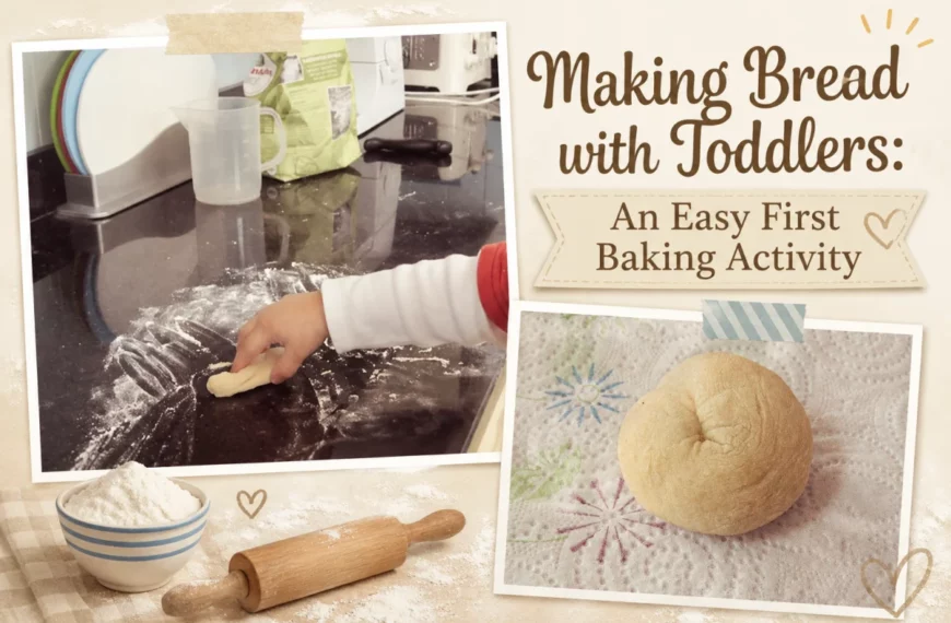 A toddler exploring bread dough on a floured worktop.
