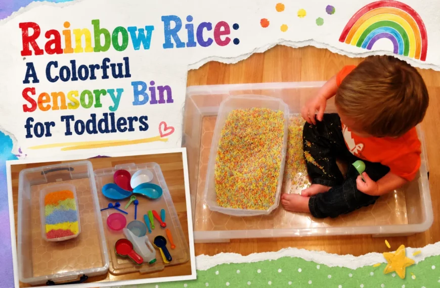 A tub of layered rainbow rice with a tray of scoops and bowls.