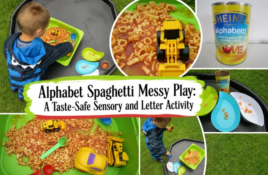 A collage of alphabet spaghetti messy play with a tray of alphabet pasta, toy diggers, and sorting dishes.